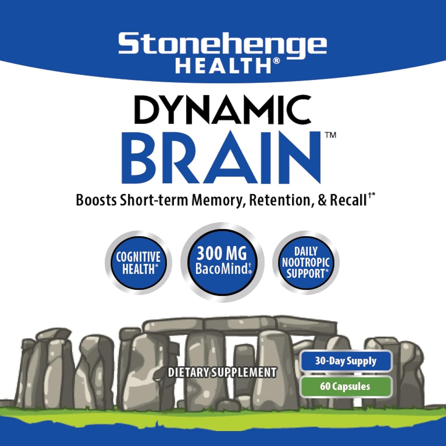 Stonehenge Health Dynamic Brain Supplement – New Formula with BacoMind for Memory Acquisition, Retention, & Recall with 40 Unique Nootropic: Choline, Phosphatidylserine, and Huperzine A