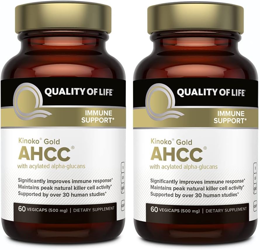 Quality of Life Premium Kinoko Gold AHCC Supplement, 500 mg per Capsule, Supports Immune Health, Liver Function, Maintains Natural Killer Cell Activity & Enhances Cytokine Production, 60 Veg Capsules