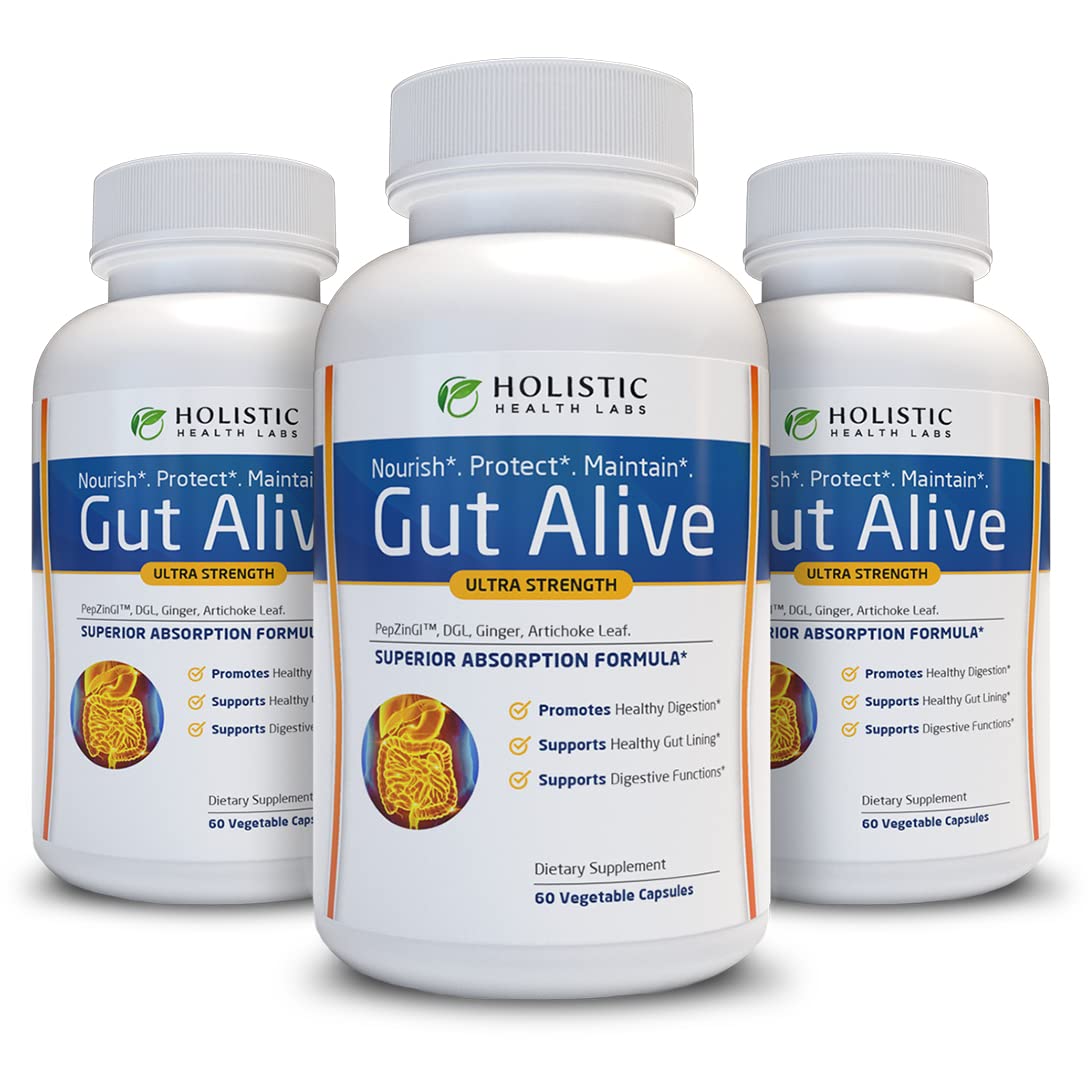 Gut Alive - All Natural Support to Fight IBS, Heartburn, Acid Indigestion, Acid Reflux, Bloating & Gas. Unique Formulation (60 Count)