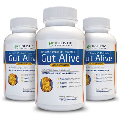 Gut Alive - All Natural Support to Fight IBS, Heartburn, Acid Indigestion, Acid Reflux, Bloating & Gas. Unique Formulation (60 Count)