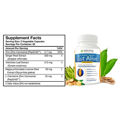 Gut Alive - All Natural Support to Fight IBS, Heartburn, Acid Indigestion, Acid Reflux, Bloating & Gas. Unique Formulation (60 Count)