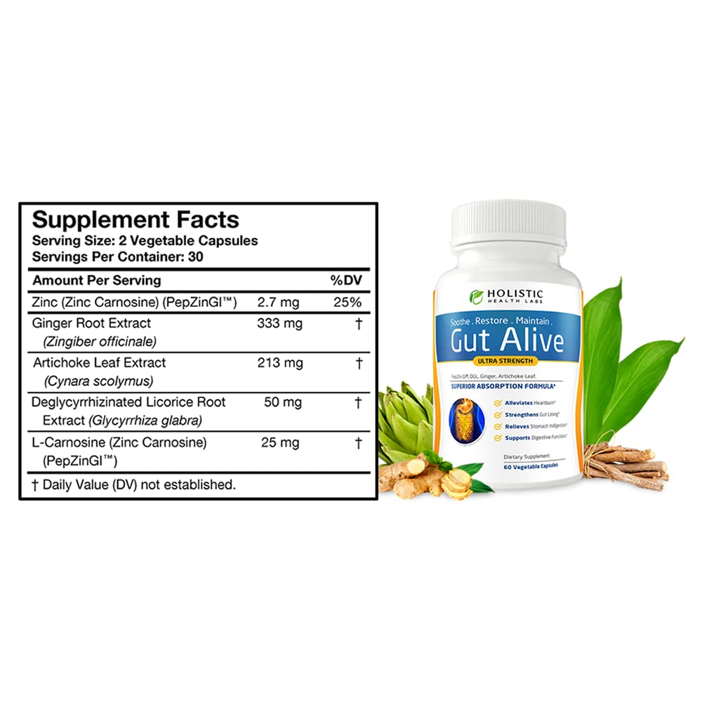 Gut Alive - All Natural Support to Fight IBS, Heartburn, Acid Indigestion, Acid Reflux, Bloating & Gas. Unique Formulation (60 Count)