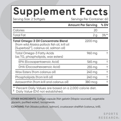 Sports Research® Total Omega-3 Fish Oil 2200mg - Made from Antarctic Krill w/Astaxanthin, Wild Sockeye Salmon & Alaska Pollock - 960mg of EPA & DHA - 120 Softgels