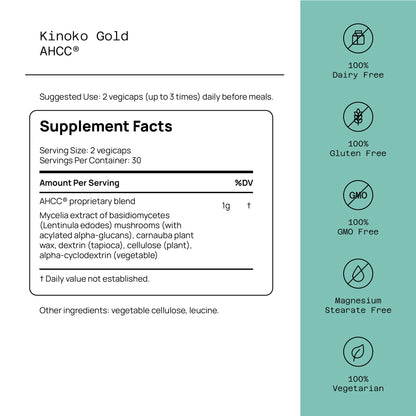 Quality of Life Premium Kinoko Gold AHCC Supplement, 500 mg per Capsule, Supports Immune Health, Liver Function, Maintains Natural Killer Cell Activity & Enhances Cytokine Production, 60 Veg Capsules