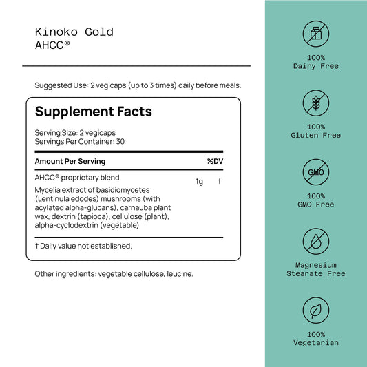 Quality of Life Premium Kinoko Gold AHCC Supplement, 500 mg per Capsule, Supports Immune Health, Liver Function, Maintains Natural Killer Cell Activity & Enhances Cytokine Production, 60 Veg Capsules