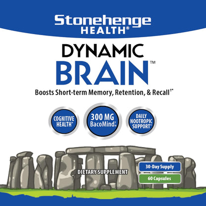 Stonehenge Health Dynamic Brain Supplement – New Formula with BacoMind for Memory Acquisition, Retention, & Recall with 40 Unique Nootropic: Choline, Phosphatidylserine, and Huperzine A