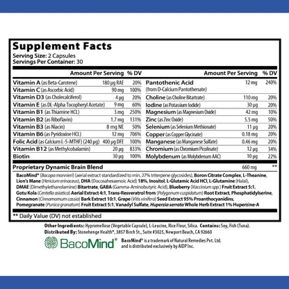 Stonehenge Health Dynamic Brain Supplement – New Formula with BacoMind for Memory Acquisition, Retention, & Recall with 40 Unique Nootropic: Choline, Phosphatidylserine, and Huperzine A