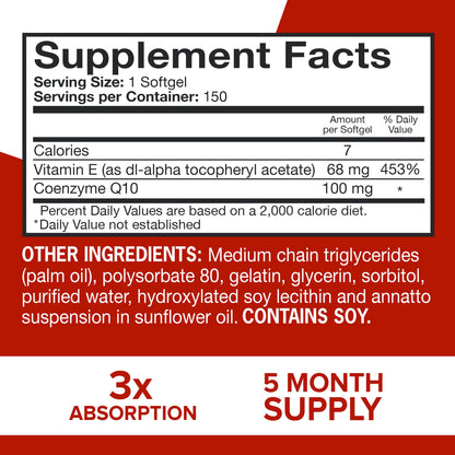Qunol Ultra CoQ10 100mg Softgels- 3X Better Absorption Coenzyme Q10 Supplements - Antioxidant Supplement for Vascular and Heart Health & Energy Production - 5 Month Supply - 150 Count
