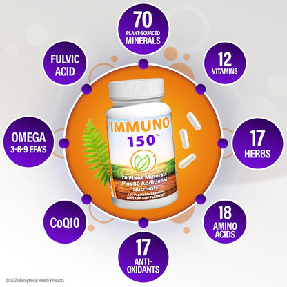 Immuno 150, Immune Support Supplement, Packed with 70 Plant Minerals, 13 Essential Vitamins and 68 Additional Nutrients-150 Vegetable Capsules- Immune Boost for All Age Groups