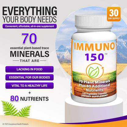 Immuno 150, Immune Support Supplement, Packed with 70 Plant Minerals, 13 Essential Vitamins and 68 Additional Nutrients-150 Vegetable Capsules- Immune Boost for All Age Groups