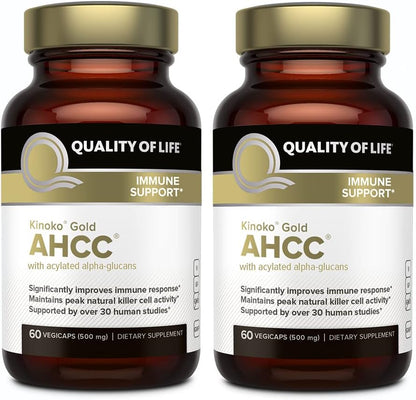 Quality of Life Premium Kinoko Gold AHCC Supplement, 500 mg per Capsule, Supports Immune Health, Liver Function, Maintains Natural Killer Cell Activity & Enhances Cytokine Production, 60 Veg Capsules
