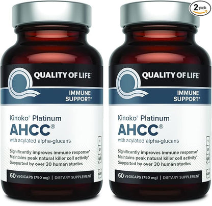 Quality of Life Premium Kinoko Platinum AHCC Herbal Supplement, 750mg per Capsule, for Immune Support, Liver Function, Maintains Natural Killer Cell Activity, Pack of 1, 60 Veggie Capsules